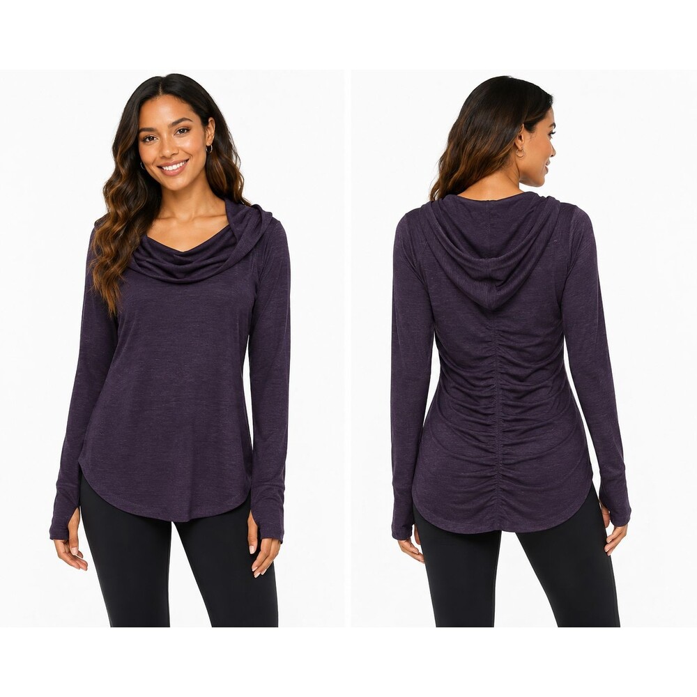 Zella Hooded Cowl Neck Tunic Top Purple Long Sleeve Ruched Back M Medium NWT